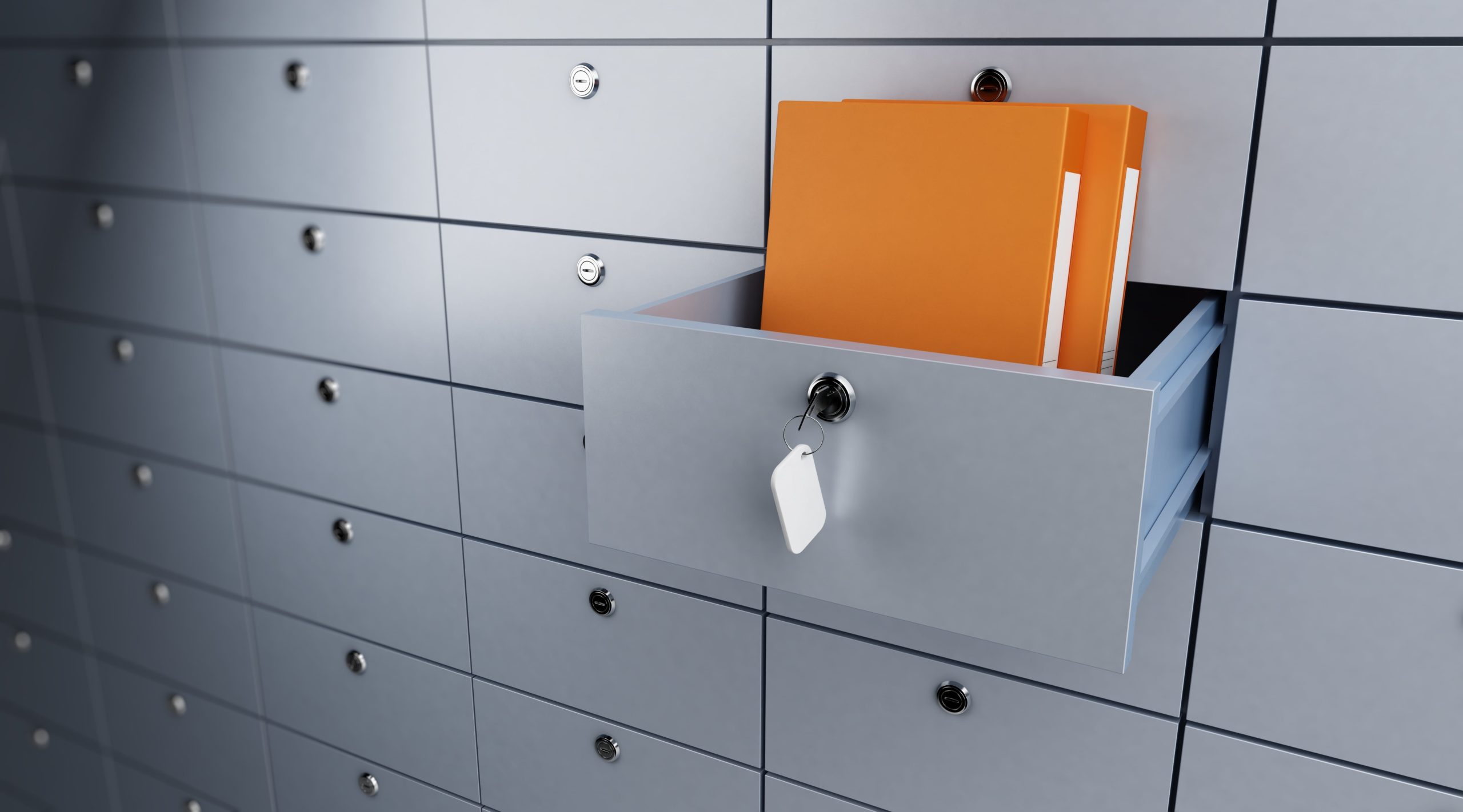 Safety Deposit Box Opened With Orange Binders And Documents Inside